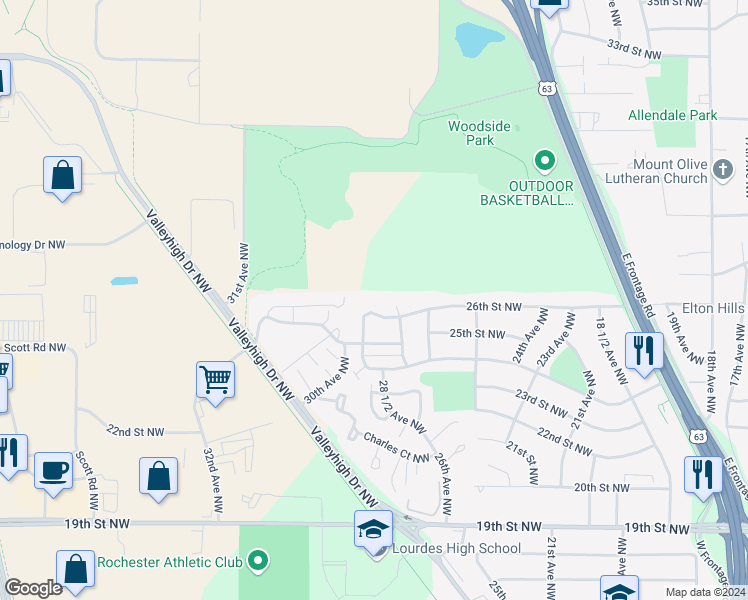 map of restaurants, bars, coffee shops, grocery stores, and more near 2821 26th Street Northwest in Rochester