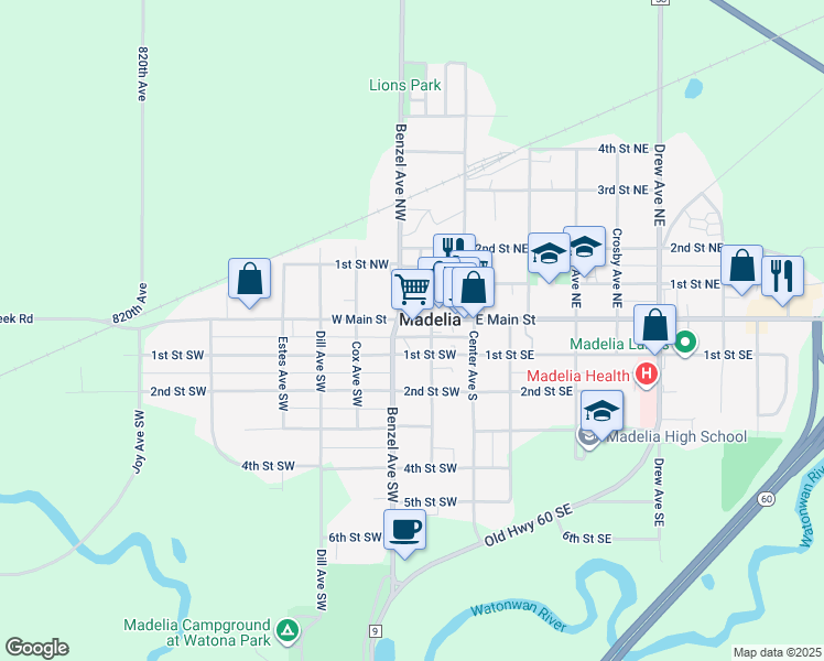 map of restaurants, bars, coffee shops, grocery stores, and more near in Madelia