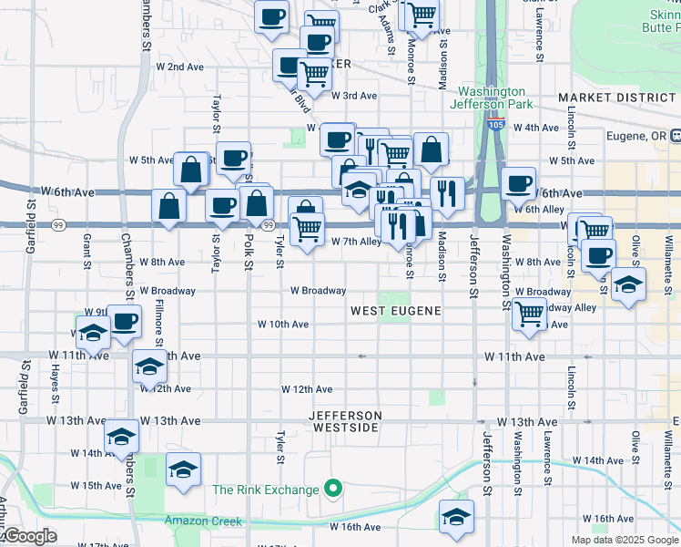 map of restaurants, bars, coffee shops, grocery stores, and more near 840 Jackson Street in Eugene