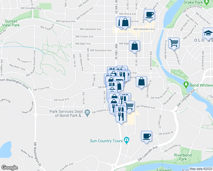 map of restaurants, bars, coffee shops, grocery stores, and more near 1470 Southwest Knoll Avenue in Bend