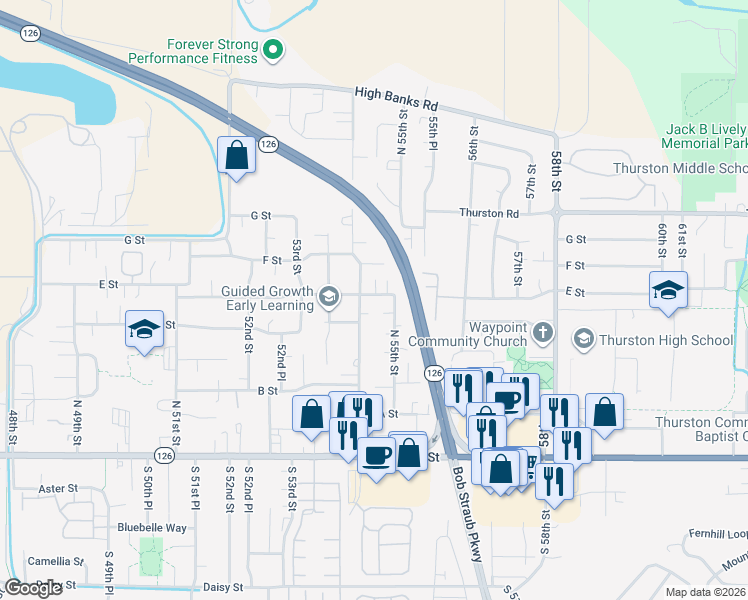 map of restaurants, bars, coffee shops, grocery stores, and more near 5419 E Street in Springfield