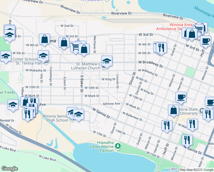 map of restaurants, bars, coffee shops, grocery stores, and more near 752 West Howard Street in Winona