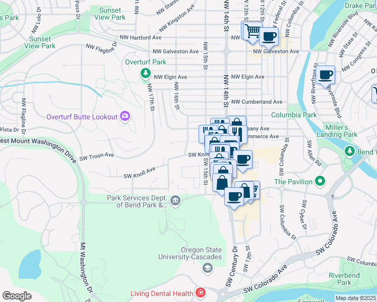 map of restaurants, bars, coffee shops, grocery stores, and more near 1544 SW Knoll Ave in Bend