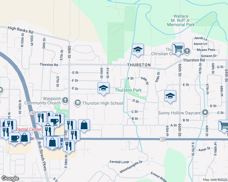 map of restaurants, bars, coffee shops, grocery stores, and more near 6100 E St in Springfield