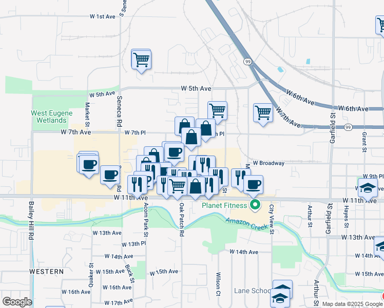 map of restaurants, bars, coffee shops, grocery stores, and more near 810 Conger Street in Eugene