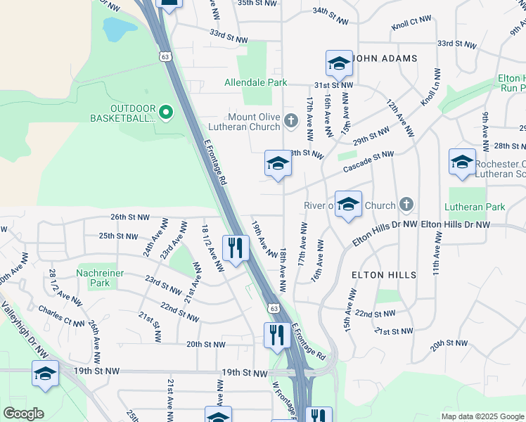 map of restaurants, bars, coffee shops, grocery stores, and more near 1827 26th Street Northwest in Rochester