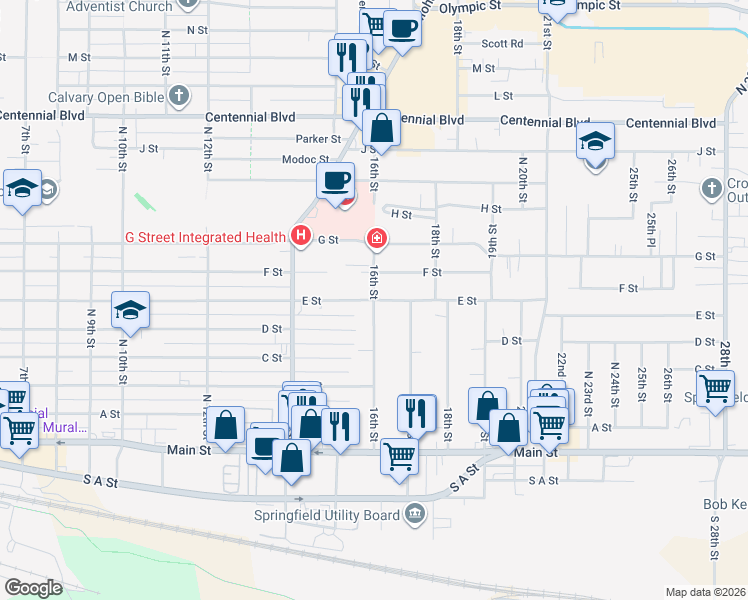 map of restaurants, bars, coffee shops, grocery stores, and more near 16th St & N 16th St in Springfield