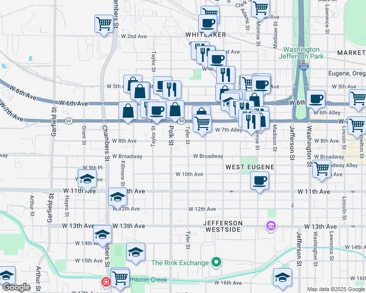 map of restaurants, bars, coffee shops, grocery stores, and more near 1232 West 8th Avenue in Eugene
