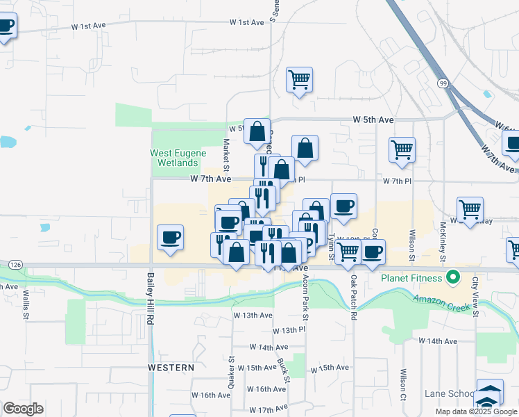 map of restaurants, bars, coffee shops, grocery stores, and more near 874 Seneca Rd in Eugene