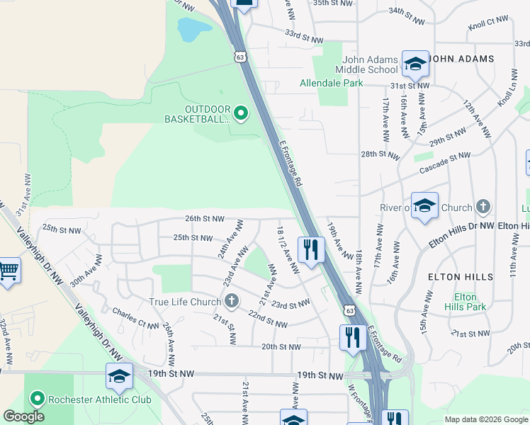 map of restaurants, bars, coffee shops, grocery stores, and more near 2121 26th Street Northwest in Rochester