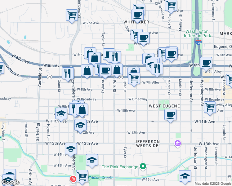 map of restaurants, bars, coffee shops, grocery stores, and more near 837 Polk Street in Eugene