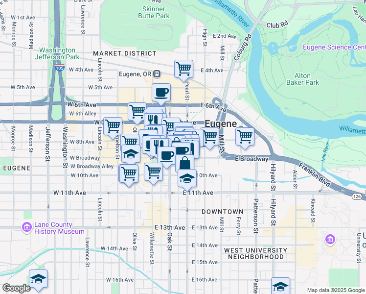 map of restaurants, bars, coffee shops, grocery stores, and more near 191 East Broadway in Eugene