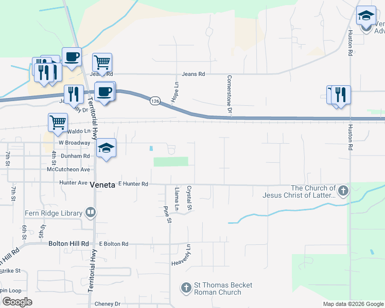 map of restaurants, bars, coffee shops, grocery stores, and more near 88558 Jameson Way in Veneta