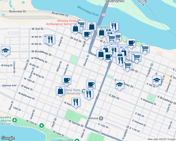 map of restaurants, bars, coffee shops, grocery stores, and more near 207 West Broadway Street in Winona