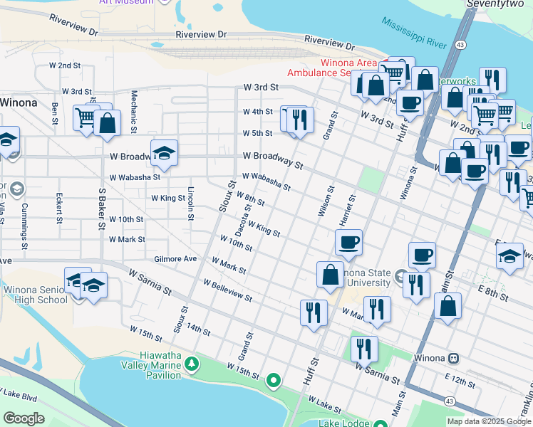 map of restaurants, bars, coffee shops, grocery stores, and more near 409 Olmstead Street in Winona