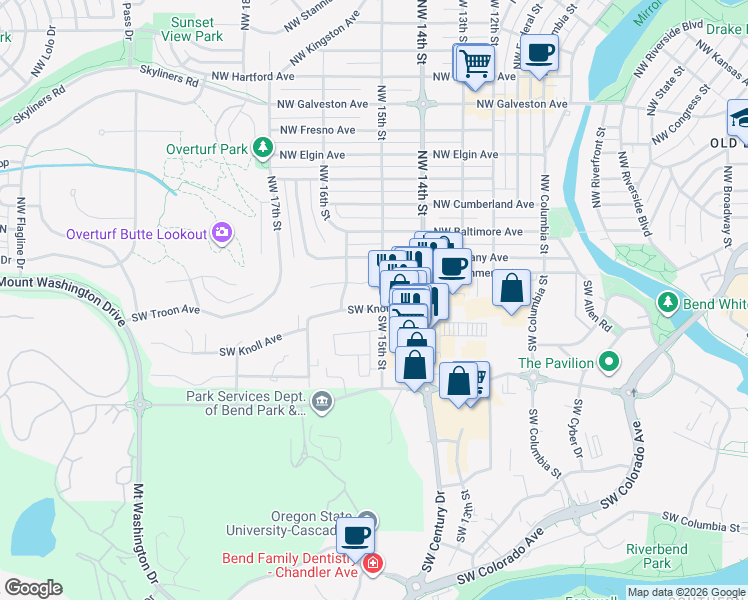 map of restaurants, bars, coffee shops, grocery stores, and more near 1508 Southwest Knoll Avenue in Bend