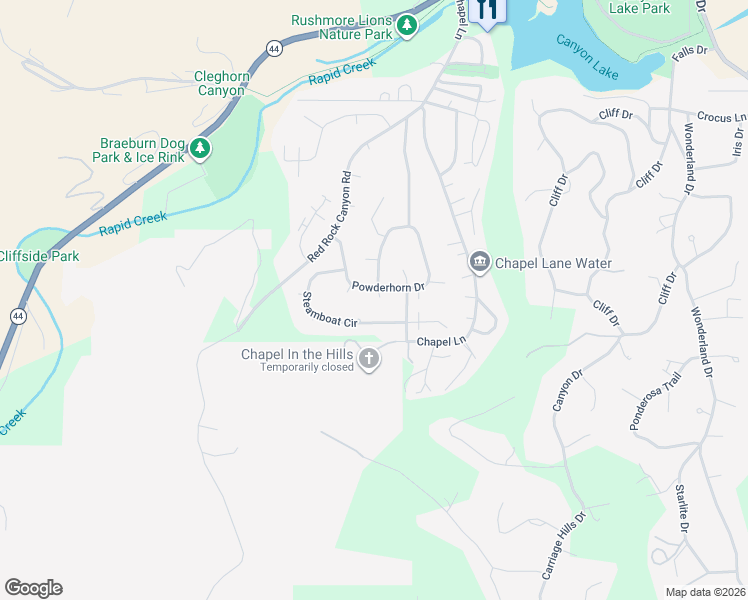 map of restaurants, bars, coffee shops, grocery stores, and more near 4713 Powderhorn Circle in Rapid City