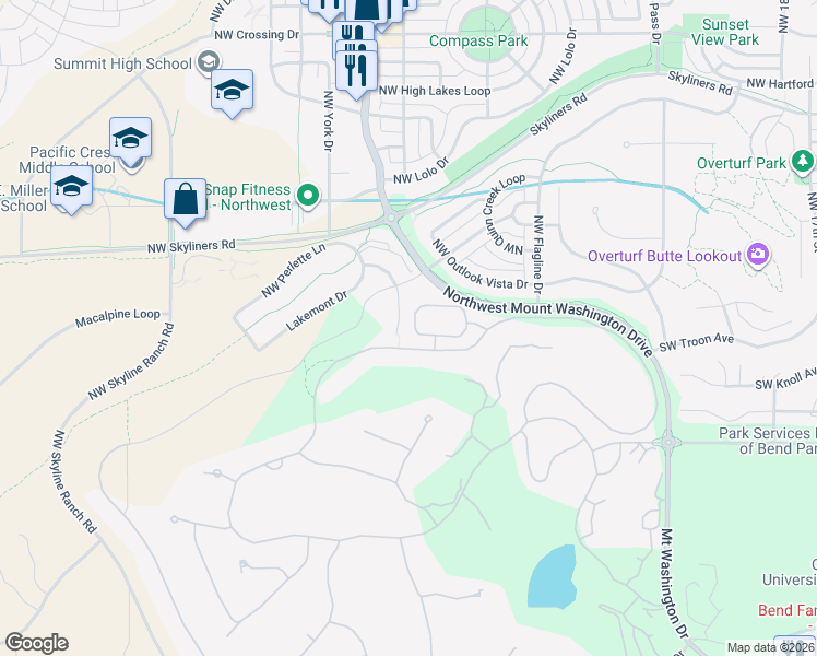 map of restaurants, bars, coffee shops, grocery stores, and more near 19445 Ironwood Circle in Bend