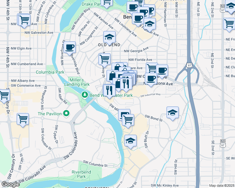 map of restaurants, bars, coffee shops, grocery stores, and more near 730 Southwest Industrial Way in Bend