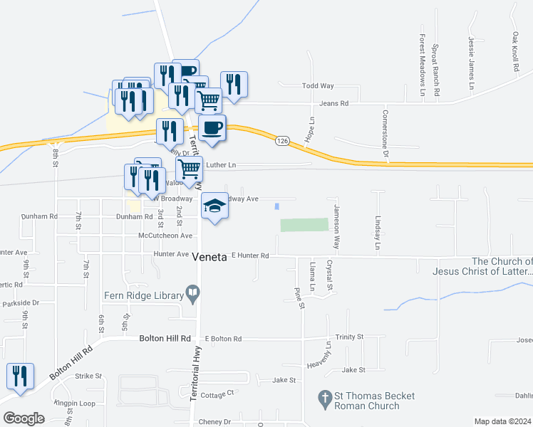 map of restaurants, bars, coffee shops, grocery stores, and more near 25182 East Broadway Avenue in Veneta