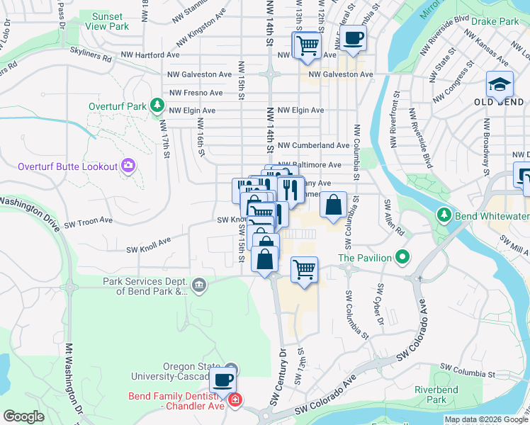 map of restaurants, bars, coffee shops, grocery stores, and more near 35 Southwest Century Drive in Bend