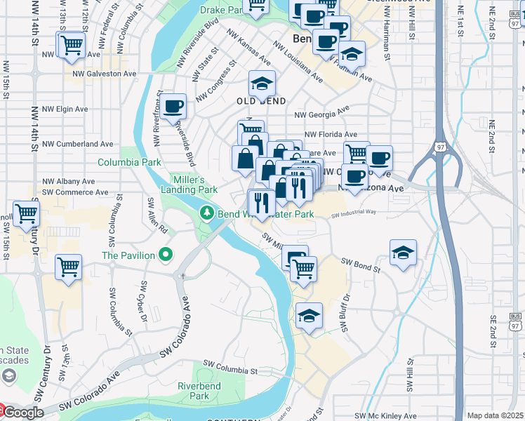 map of restaurants, bars, coffee shops, grocery stores, and more near 700 Southwest Industrial Way in Bend
