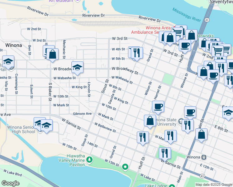 map of restaurants, bars, coffee shops, grocery stores, and more near 414 Dacota Street in Winona