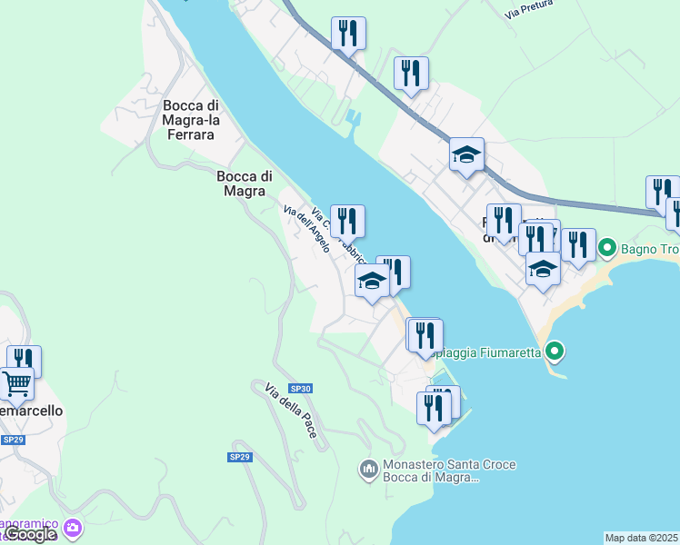 map of restaurants, bars, coffee shops, grocery stores, and more near 20 Via dell'Angelo in Bocca di Magra