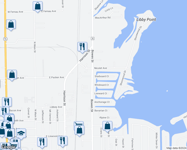 map of restaurants, bars, coffee shops, grocery stores, and more near 2630 Bowen Street in Oshkosh