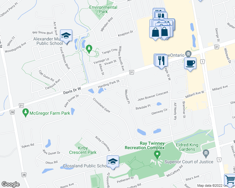 map of restaurants, bars, coffee shops, grocery stores, and more near 35 Brown Court in Newmarket
