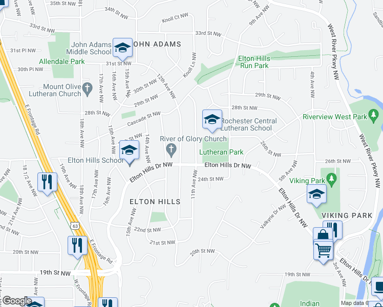 map of restaurants, bars, coffee shops, grocery stores, and more near 2519 11th Avenue Northwest in Rochester