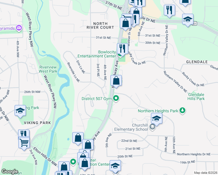 map of restaurants, bars, coffee shops, grocery stores, and more near 511 Northern Hills Drive Northeast in Rochester