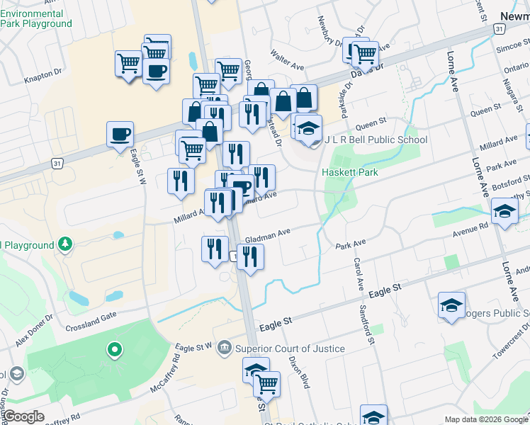 map of restaurants, bars, coffee shops, grocery stores, and more near 43 Boothbay Crescent in Newmarket