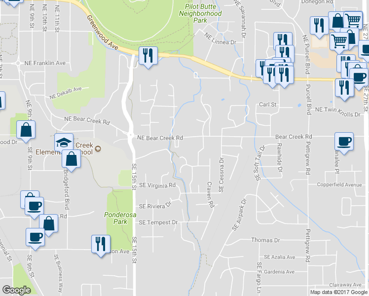 map of restaurants, bars, coffee shops, grocery stores, and more near 1755 Northeast Bear Creek Road in Bend