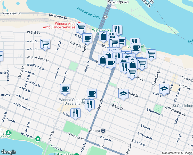 map of restaurants, bars, coffee shops, grocery stores, and more near 166 West Broadway Street in Winona