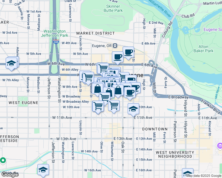 map of restaurants, bars, coffee shops, grocery stores, and more near Willamette Street in Eugene