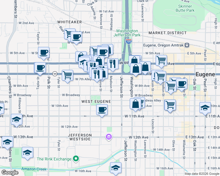 map of restaurants, bars, coffee shops, grocery stores, and more near 836 Madison Street in Eugene