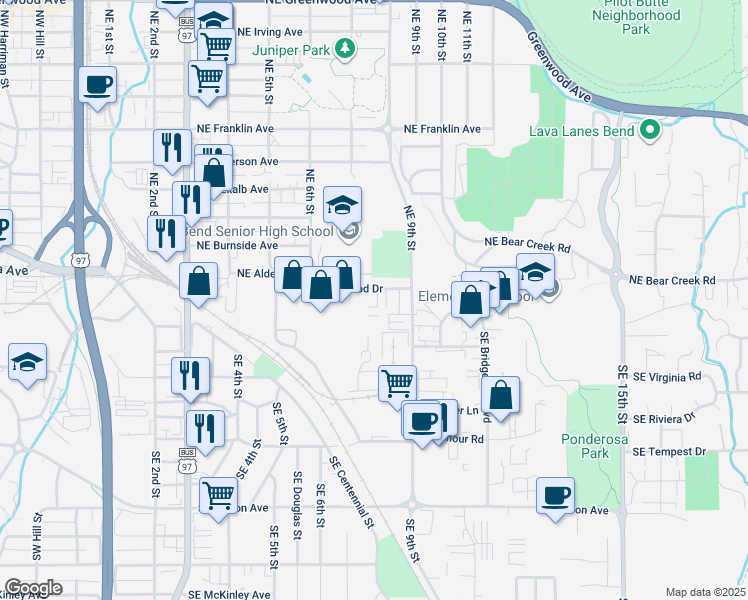 map of restaurants, bars, coffee shops, grocery stores, and more near 741 Southeast Glenwood Drive in Bend