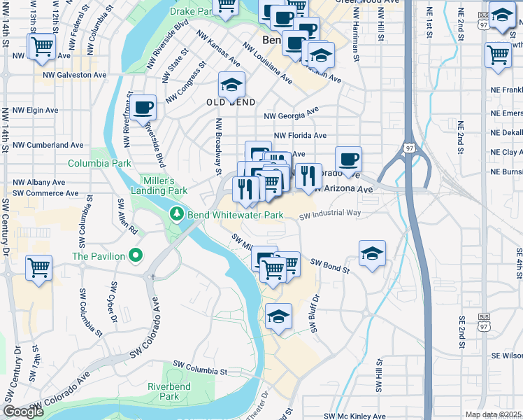 map of restaurants, bars, coffee shops, grocery stores, and more near 550 Southwest Industrial Way in Bend