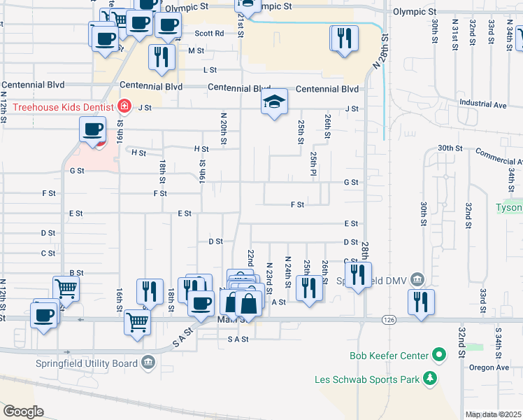 map of restaurants, bars, coffee shops, grocery stores, and more near 2285 F Street in Springfield