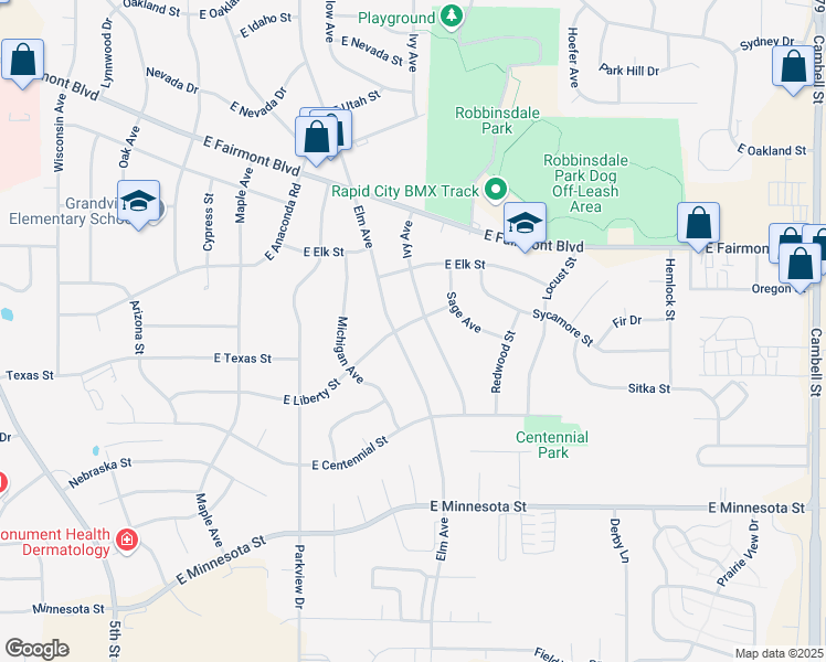 map of restaurants, bars, coffee shops, grocery stores, and more near 3606 Elm Avenue in Rapid City