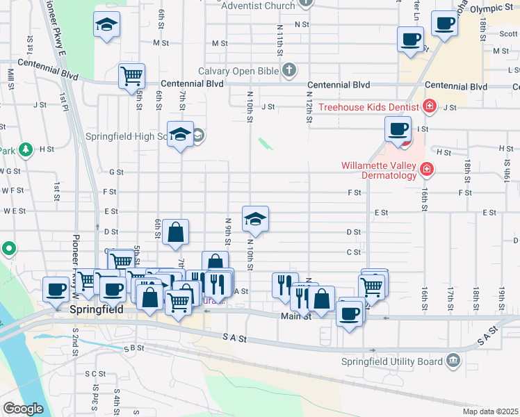 map of restaurants, bars, coffee shops, grocery stores, and more near 1034 E Street in Springfield