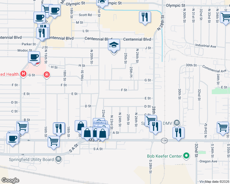 map of restaurants, bars, coffee shops, grocery stores, and more near 2290 E Street in Springfield
