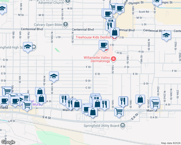 map of restaurants, bars, coffee shops, grocery stores, and more near 1357 E Street in Springfield