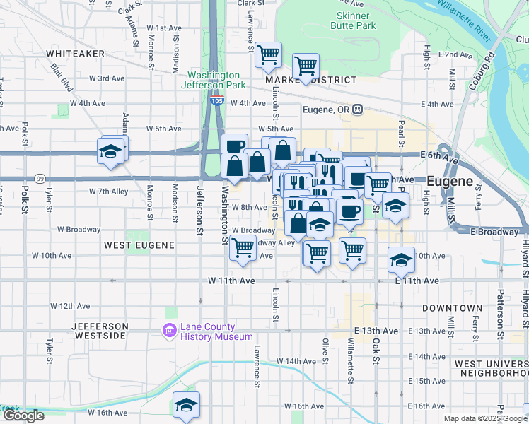 map of restaurants, bars, coffee shops, grocery stores, and more near 836 Lincoln Street in Eugene