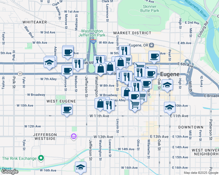 map of restaurants, bars, coffee shops, grocery stores, and more near 840 Lawrence Street in Eugene