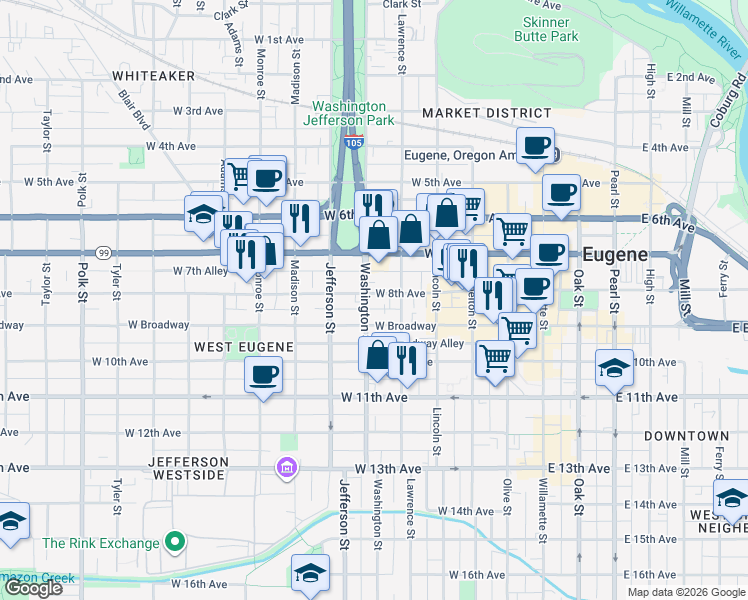 map of restaurants, bars, coffee shops, grocery stores, and more near in Eugene