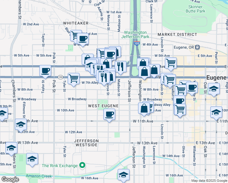 map of restaurants, bars, coffee shops, grocery stores, and more near 836 Madison Street in Eugene