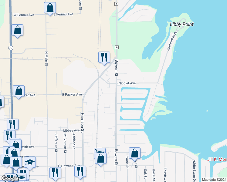 map of restaurants, bars, coffee shops, grocery stores, and more near 712 Starboard Court in Oshkosh