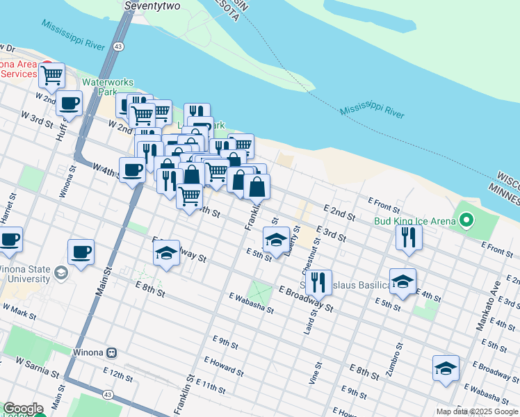 map of restaurants, bars, coffee shops, grocery stores, and more near 265 East 3rd Street in Winona